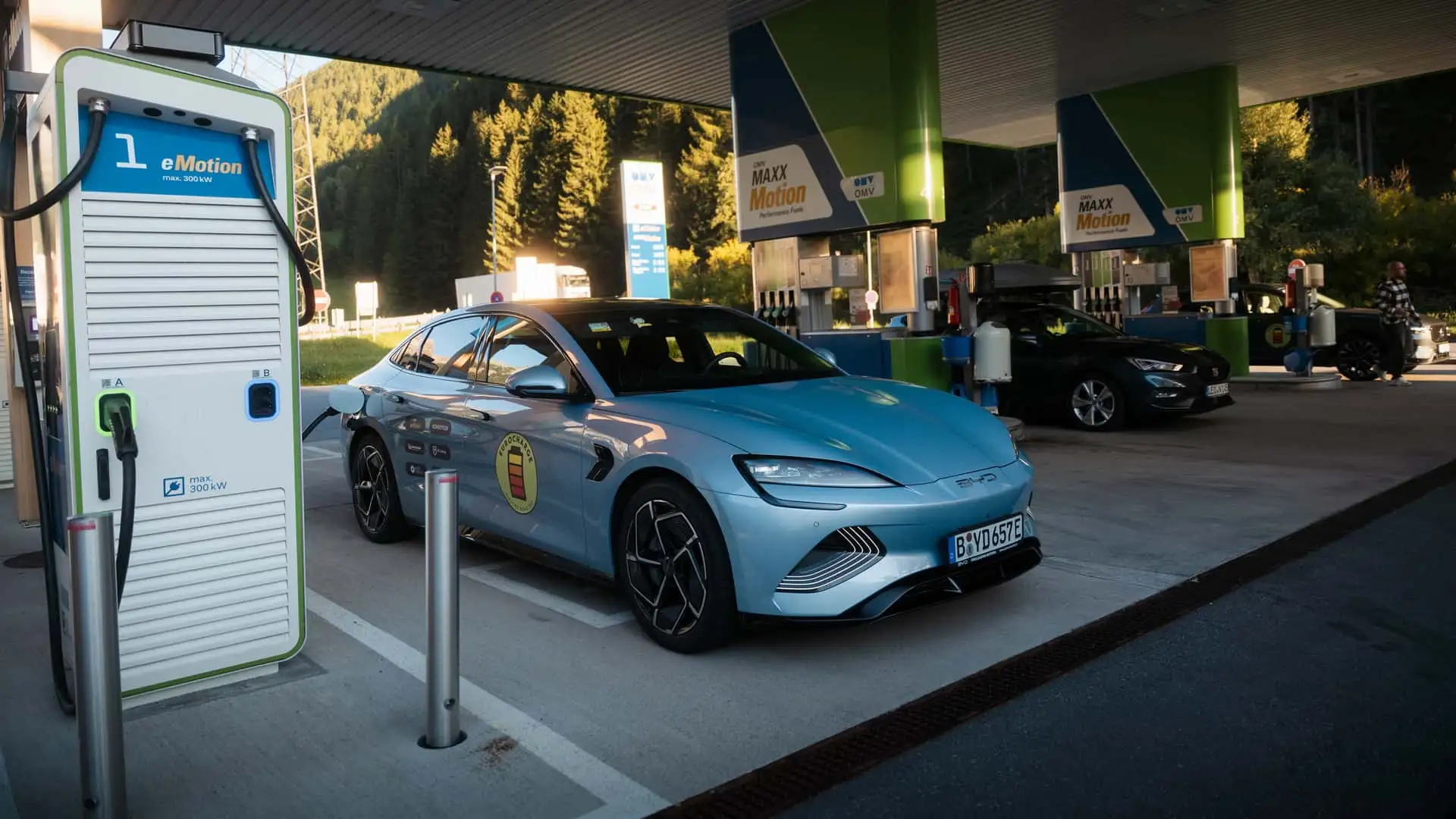 Rows of EU-funded DC fast chargers being installed across Europe.