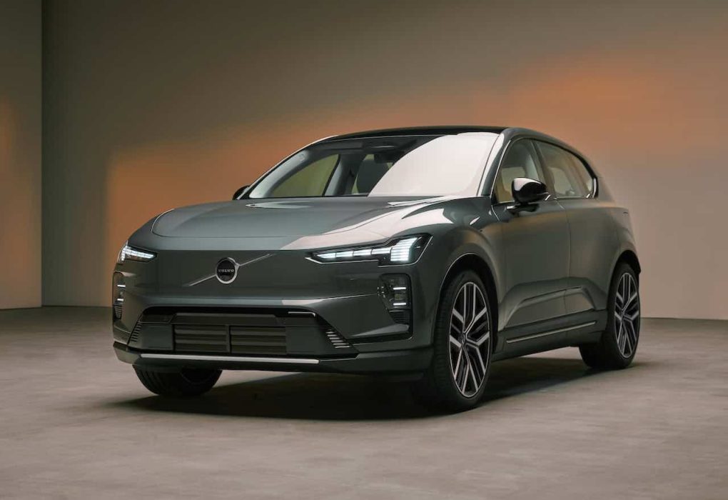 Volvo EX60 in Forest Lake green metallic at Torslanda factory.