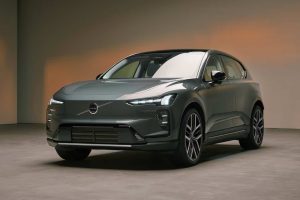 Volvo EX60 in Forest Lake green metallic at Torslanda factory.