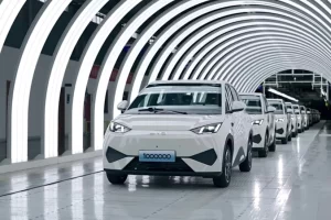 A graphic displaying the front profiles of the Tesla Model Y, BYD Seagull, and Wuling Mini EV