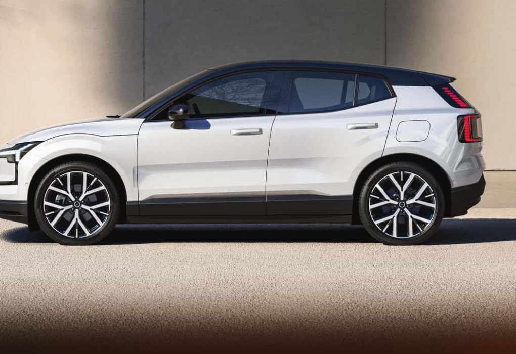 A sleek, minimalist concept sketch of an upcoming compact Volvo electric crossover.