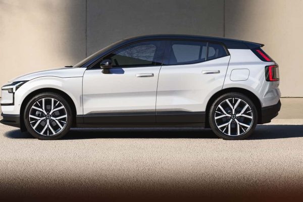 A sleek, minimalist concept sketch of an upcoming compact Volvo electric crossover.
