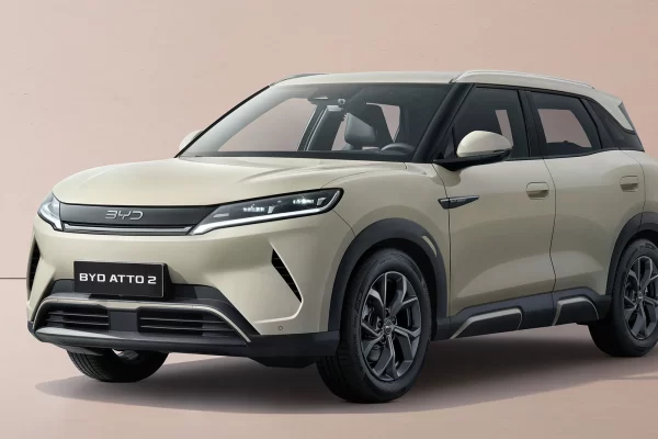 The sleek front profile of the newly priced BYD Atto 3 electric SUV parked outside a modern charging hub in Kathmandu.