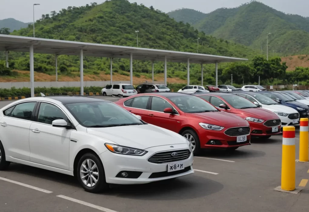 A fleet of newly imported BYD electric vehicles neatly arranged inside a customs holding yard at the Nepal border.