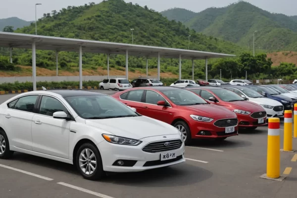A fleet of newly imported BYD electric vehicles neatly arranged inside a customs holding yard at the Nepal border.