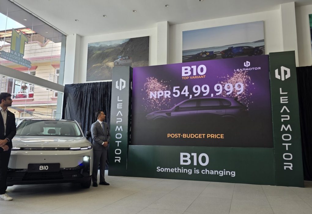 The front profile of the sleek matte grey Leapmotor B10 electric SUV on display at the Uttardhoka showroom.