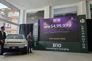 The front profile of the sleek matte grey Leapmotor B10 electric SUV on display at the Uttardhoka showroom.