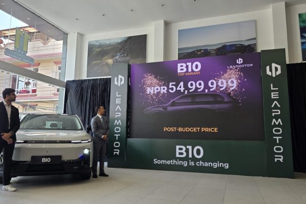 The front profile of the sleek matte grey Leapmotor B10 electric SUV on display at the Uttardhoka showroom.
