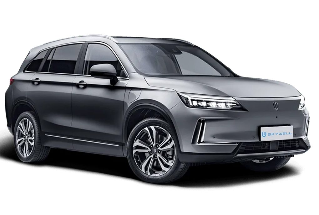 The sleek silhouette of a premium Skywell ET5 electric SUV parked outside a modern showroom in Kathmandu.