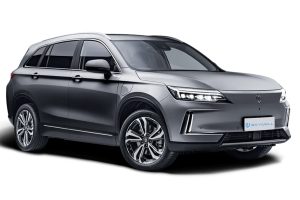 The sleek silhouette of a premium Skywell ET5 electric SUV parked outside a modern showroom in Kathmandu.