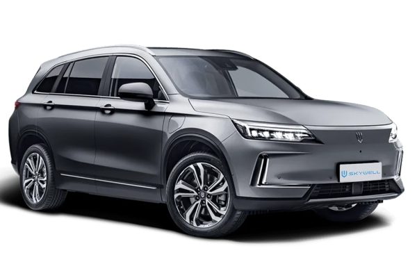 The sleek silhouette of a premium Skywell ET5 electric SUV parked outside a modern showroom in Kathmandu.