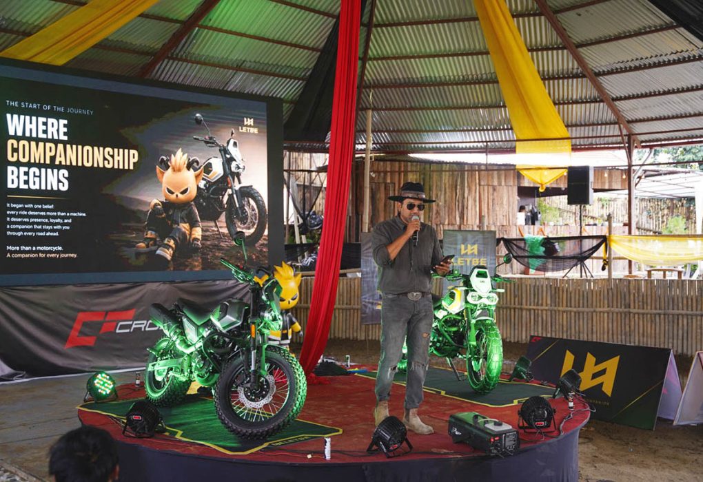 The new Crossfire LETBE Flygon 220 crossover dual-sport motorcycle showing its bold bionic design and massive high-profile tires.