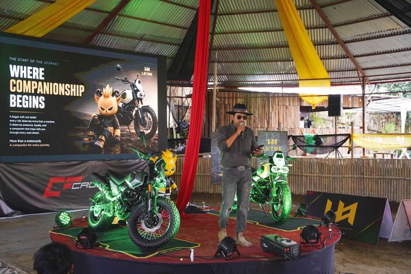 The new Crossfire LETBE Flygon 220 crossover dual-sport motorcycle showing its bold bionic design and massive high-profile tires.