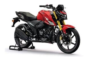 The aggressive front profile of the upgraded TVS Apache RTR 160 4V featuring the new signature projector LED headlamp and golden USD front forks.