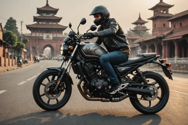 A profile view of the premium Yamaha XSR 155 in Metallic Grey showcasing its classic teardrop fuel tank and round LED headlight.
